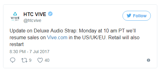 הציוץ של HTC VIVE אודות חגורת האודיו שלהם